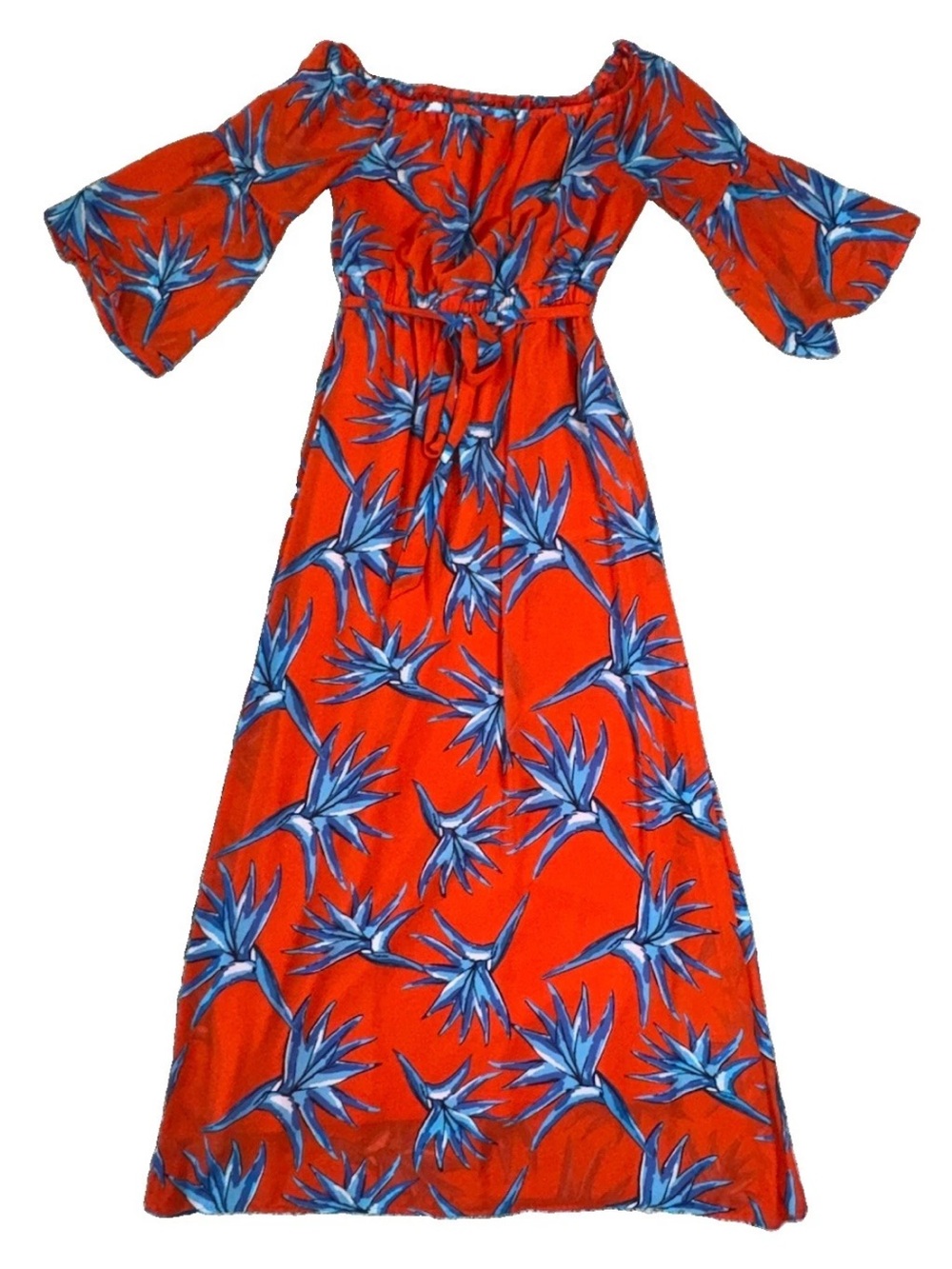 Luxology Womens Size 6 Tropical Floral Maxi Dress Orange Blue Bell Sleeve Boho